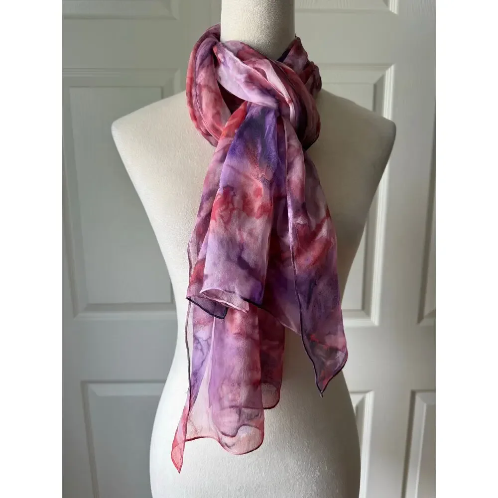 Hand Rolled Silk Chiffon Scarf Purple Pink Watercolor Tie Dye 68x19‎